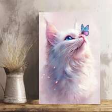Cat And Butterfly Wooden Framed Canvas Painting Wall Art Prints For Home Decoration, Living Room & Bedroom, Festival Party Decor, Gifts, Ready To Hang