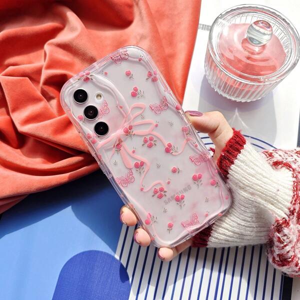1pc Cute Pink Floral Bowknot Cartoon Soft TPU Transparent Wave Full Body Protective Phone Case Compatible With Samsung Camon/20/2022/2023/2024/Infinix/Smart/6/7/Pop/Pro/Hot/12/I/Play/30/Note/VIP, OPPO A17/A38/A58/A78/Reno 10/11, Vivo V27/E/V25/V29, Honor 90/Lite