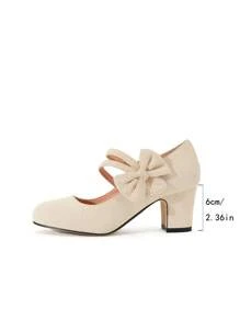 Autumn/Winter Wedding Casual Fashion High Heel Mary Jane T-Strap Buckle Chunky Heel Pumps, Formal Velvet Dress Work Office Outdoor Beige Apricot Shoes (Please Check Foot Length, Palm Circumference Parameters Before Purchasing)