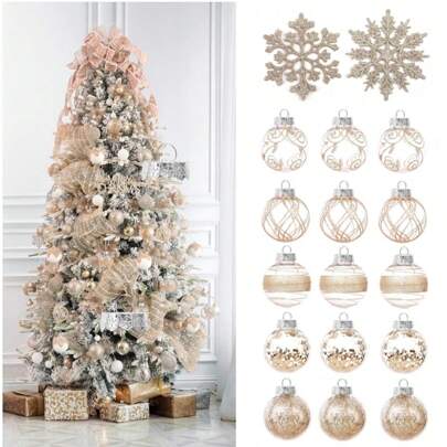 15pcs/Box 7CM Christmas Ball Ornaments Champagne Gold Glitter Plastic Ball With 20Pcs Champagne Snowflake Ornaments Glitter Crafts For Xmas Tree Hanging Pendant Gift Christmas