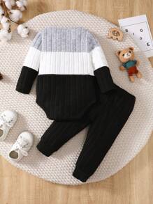 2pcs Casual Fleece Splicing Ribbed Long Sleeve Jumpsuit