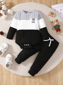 2pcs Casual Fleece Splicing Ribbed Long Sleeve Jumpsuit