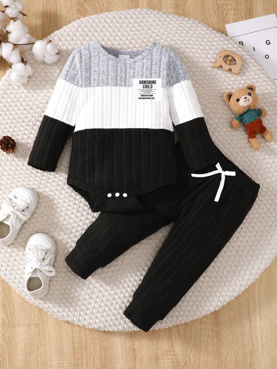 2pcs Casual Fleece Splicing Ribbed Long Sleeve Jumpsuit
