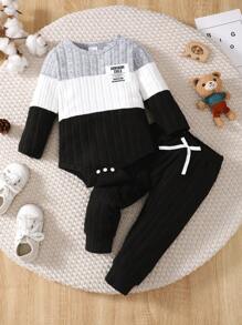 2pcs Casual Fleece Splicing Ribbed Long Sleeve Jumpsuit