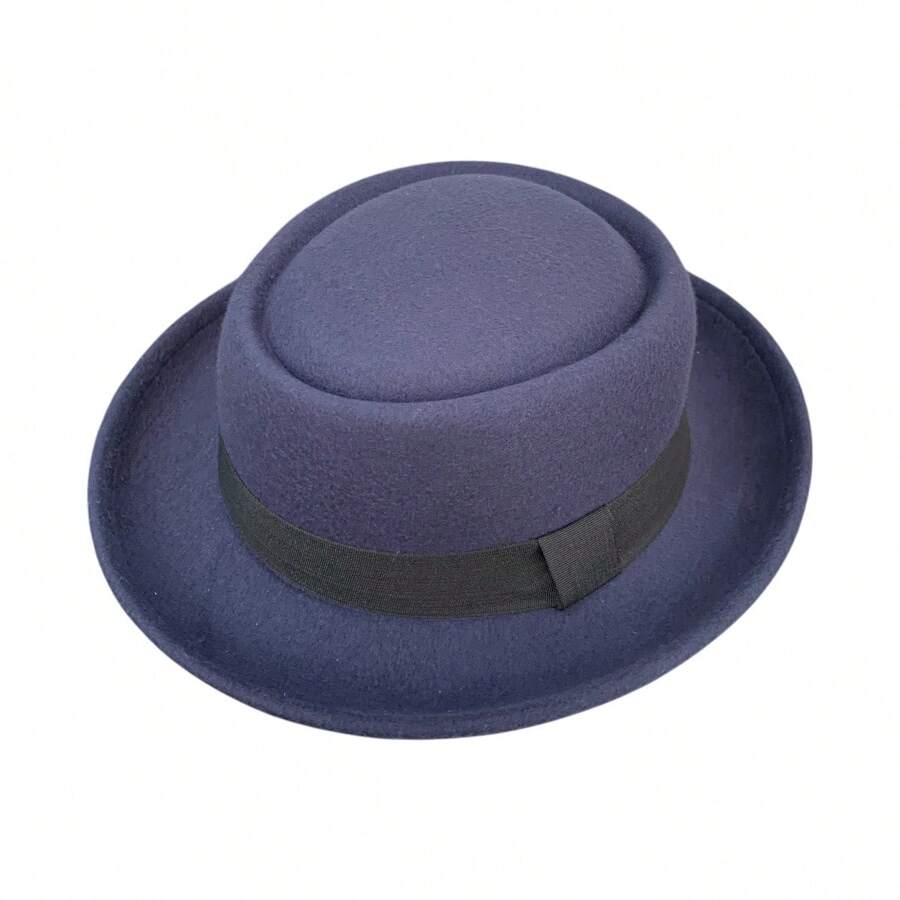 Classic Retro Pork Pie Felt Hat With Medium Brim - Navy Blue - View 1