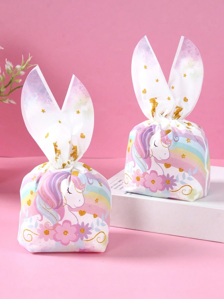50个粉色彩虹独角兽主题礼品袋，装饰糖果袋，兔耳朵造型礼品袋，非常适合生日、婚礼、派对、家庭聚会、节日派对等场合的礼品包装，带系带的饼干袋，派对小礼物 - 獨角獸 - 查看 1