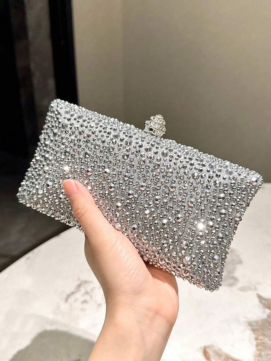 A Silver Glitter Double-Side Rhinestone Decoration Mini Clutch Evening Bag, With Metallic Crossbody Chain For Fashionable And Elegant Ladies' Handheld Bag, Suitable For Formal Parties, Weddings, Dances, Festivals And As A Gift For Women, Party Bag Perfect For Party Wedding Prom Dinner/Banquet Matching With Holiday Party Dress Evening Dress & Sequin Dress, Excellently Matching With Party Dresses For Women , Bags Ladies Elegant ,Wedding - Silver - View 1