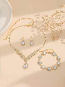 4 件套女士优雅水滴吊坠项链、耳环、手链套装、闪亮锆石、新娘珠宝、婚纱奢华时尚配饰、派对生日礼物 - 彩色 - 查看 10