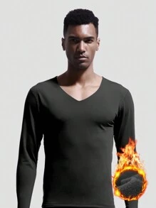 Men's Invisible Warm Thermal Top V Neck Winter Heat Tech Thermal Lined Slim Fit Base Layer Shirt For Autumn And Winter - Black - View 1