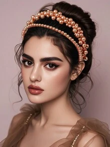 Băng đô ngọc trai giả lấy cảm hứng từ phong cách cổ điển thanh lịch, đơn giản và phong cách, màu sâm panh - Hoa hồng vàng - Xem 2