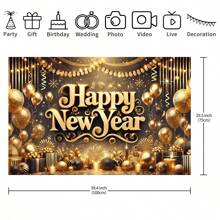 1 Pezzo Striscione riutilizzabile dorato di Capodanno, scatola regalo con palloncino dorato, decorazioni multifunzionali per le vacanze, sfondo da parete per la celebrazione di Capodanno con palloncini e ornamenti, striscioni decorativi da interno ed esterno per il Nuovo Anno, varie misure (210*150/150*100/100*75CM)