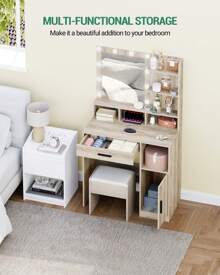 Hzuaneri Hairdresser With Miroir And 10 LED Lights, Makeup Vanité With 3 étagères And 4 Open Compartments, Hairdresser With Grand Hair And Armoire, 3 Adjustable Lights