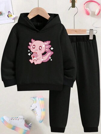 2 件套 Tween 女童休闲字母印花黑色羊毛连帽衫运动衫和裤子套装