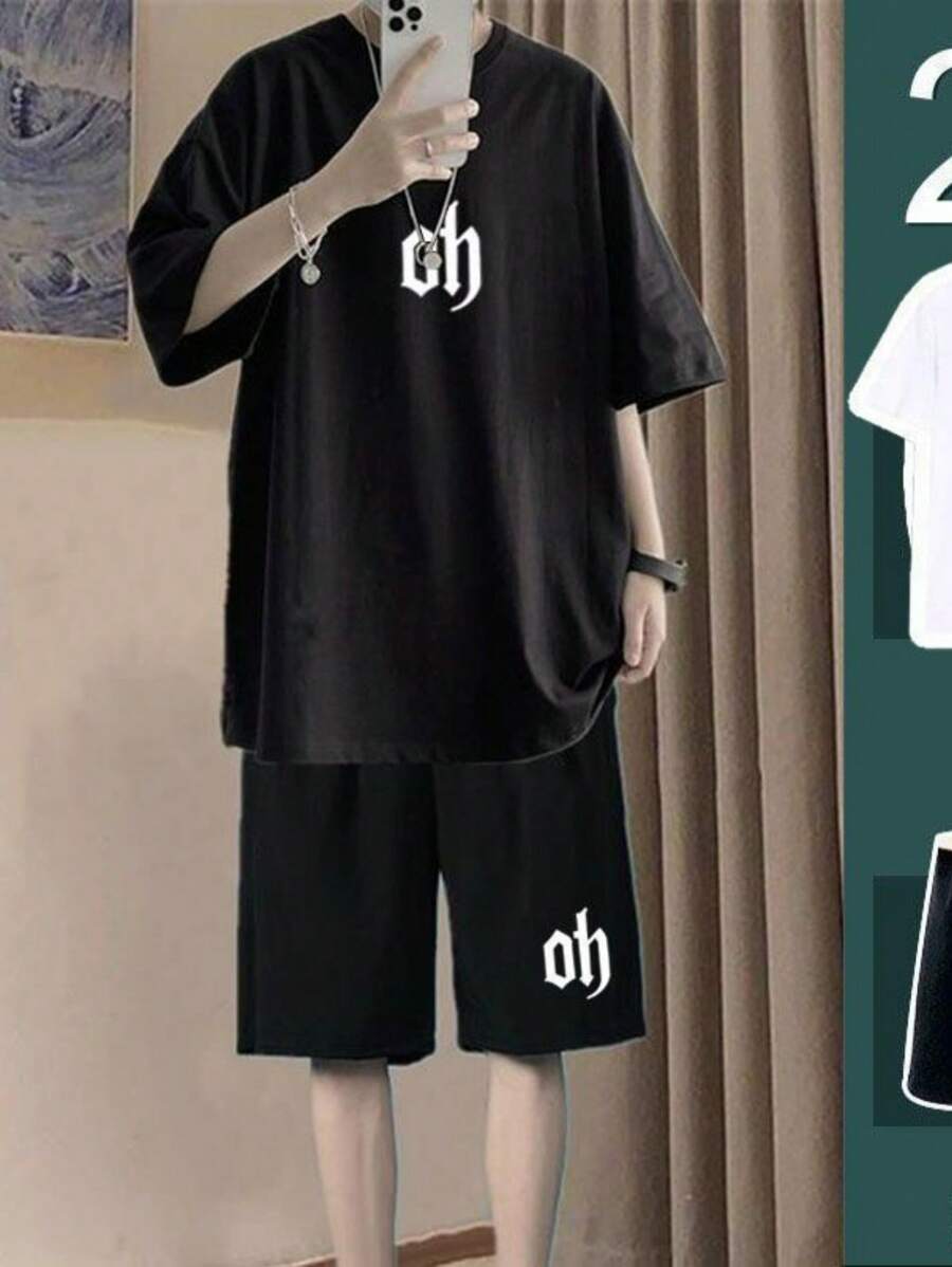 Men's Shorts And T-Shirt Set Summer Sweatshirt Shorts - 黑色 - 查看 1