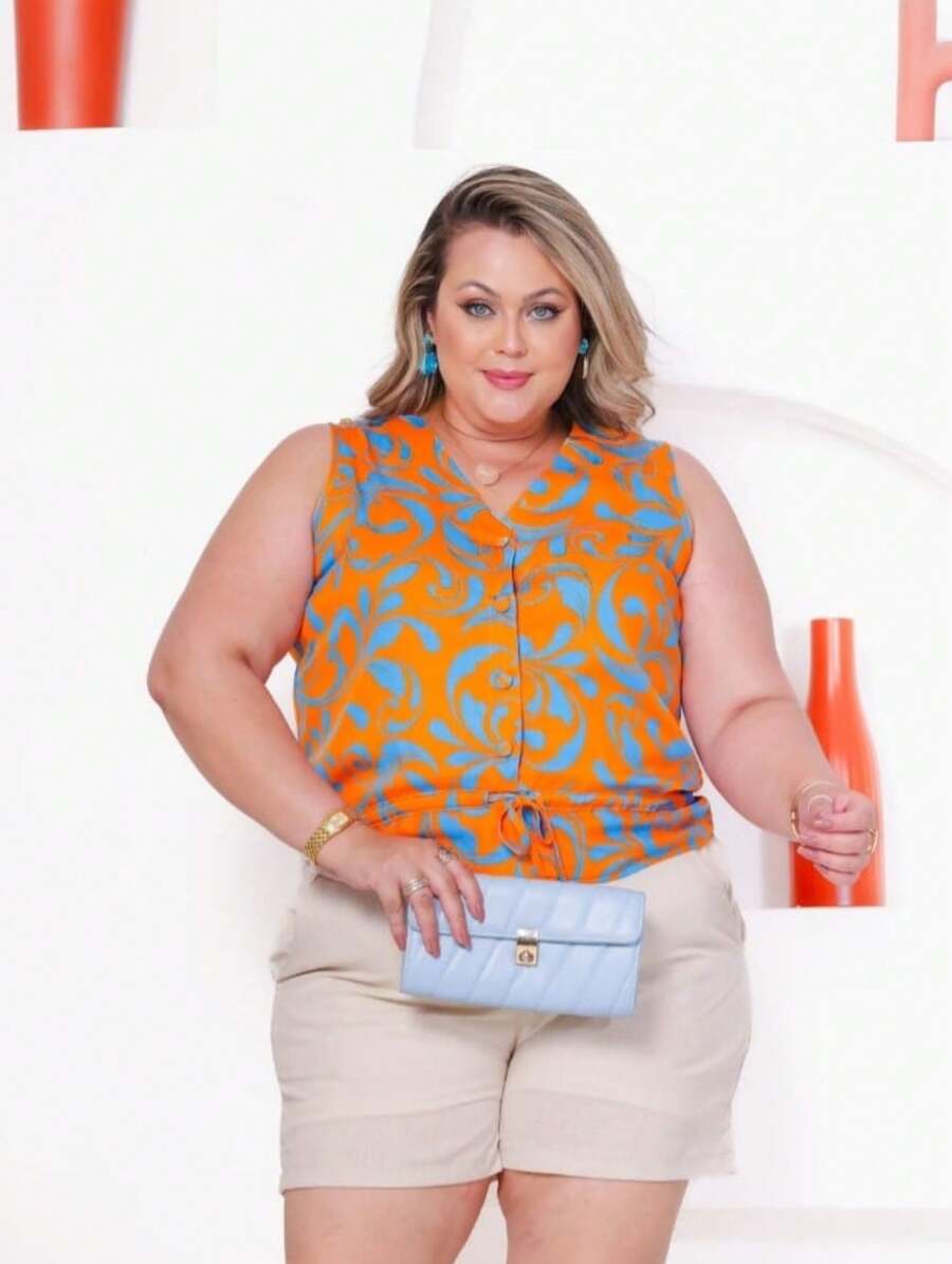 Women's Plus Size Multicolor Button And Bow Tank Top - Nhiều màu - Xem 1