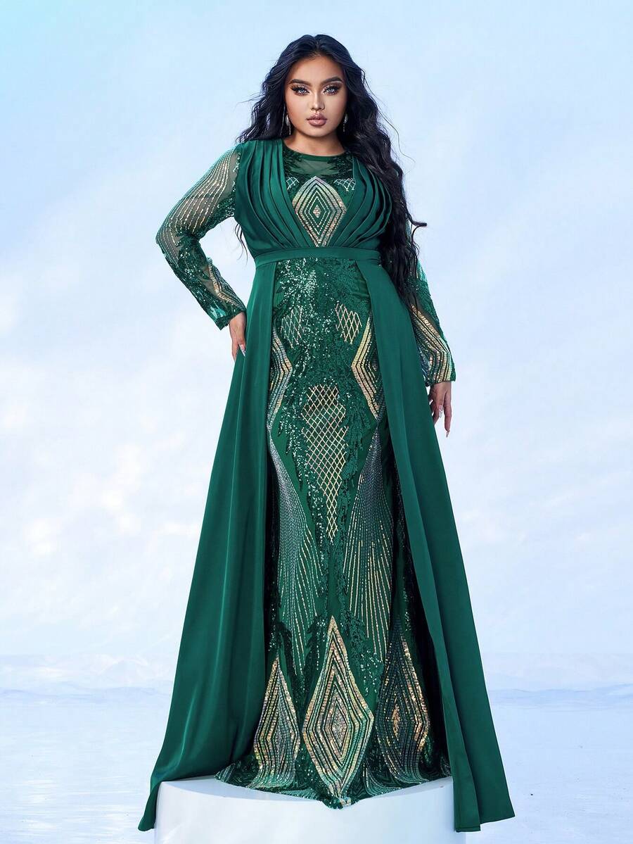 seomiscky Vestido de noche de talla grande para mujer con diseño de cuentas - Verde - Ver 1