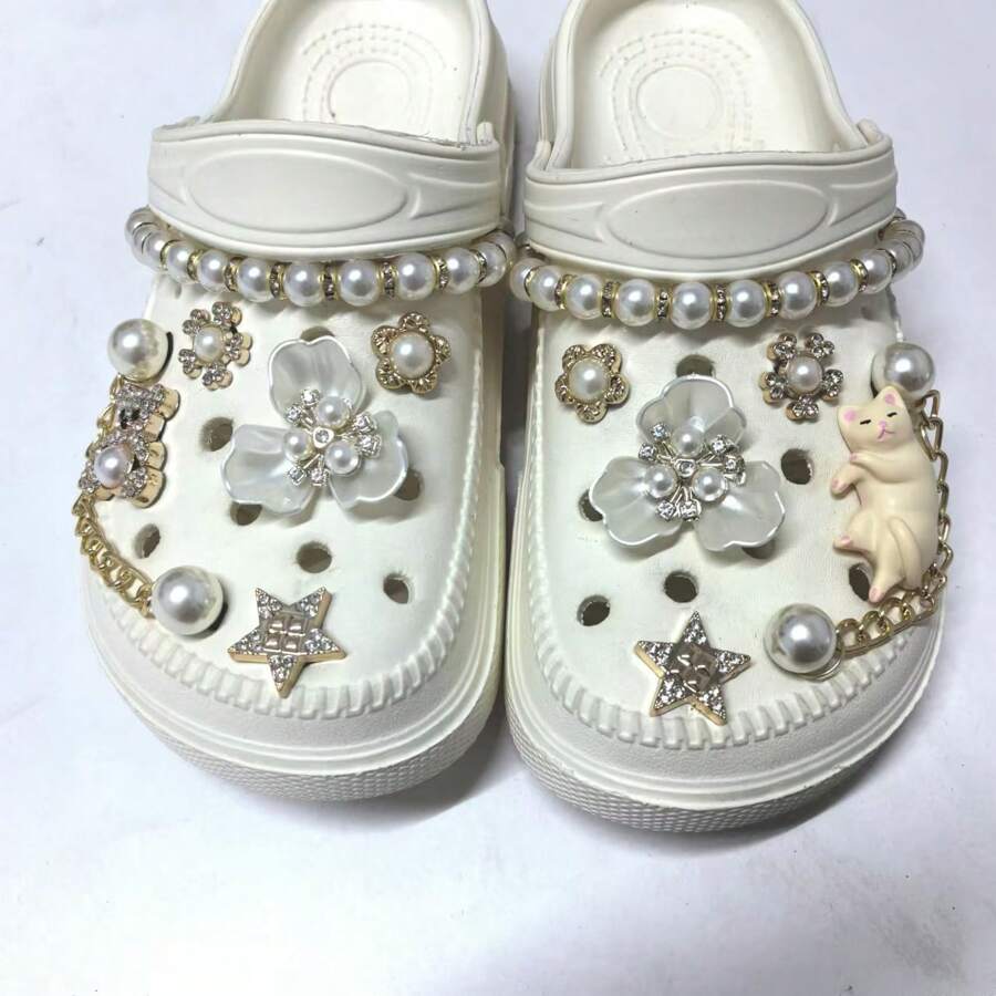 DIY 木屐装饰珍珠饰钉链、懒散的猫和水钻熊