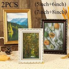 2 PIEZAS Marco de fotos de escritorio retro, con relieve dorado, de forma rectangular vertical, en estilo retro, para decoración del hogar, apropiado para fotos de 5, 6, 7, 8 pulgadas - Multicolor - Ver 2