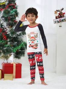 Tween-Jungen 2-teiliges Weihnachten Schlafanzug-Set für die ganze Familie, eng anliegend, langärmliges Oberteil und Hose mit süßem Hirsch-Print, gemütliche Loungewear für die Familie