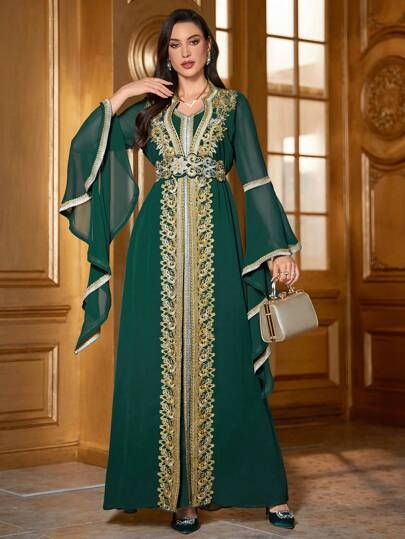 Women's Elegant Long Dress With Guioure Lace Patchwork & Extra Long Flare Sleeve, Arabic Style, Modest Kaftan