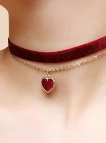 批发酒红色心形天鹅绒颈链，女士情人节项链 - 桃心 - 查看 3