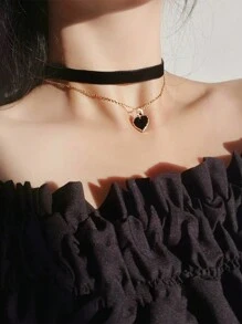 批发酒红色心形天鹅绒颈链，女士情人节项链 - 桃心 - 查看 2