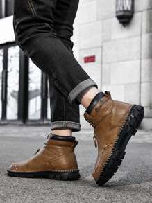 1 双男士纯色高帮靴，时尚摩托车鞋，系带休闲靴，户外运动，手工高帮皮靴 - 卡其色 - 查看 5