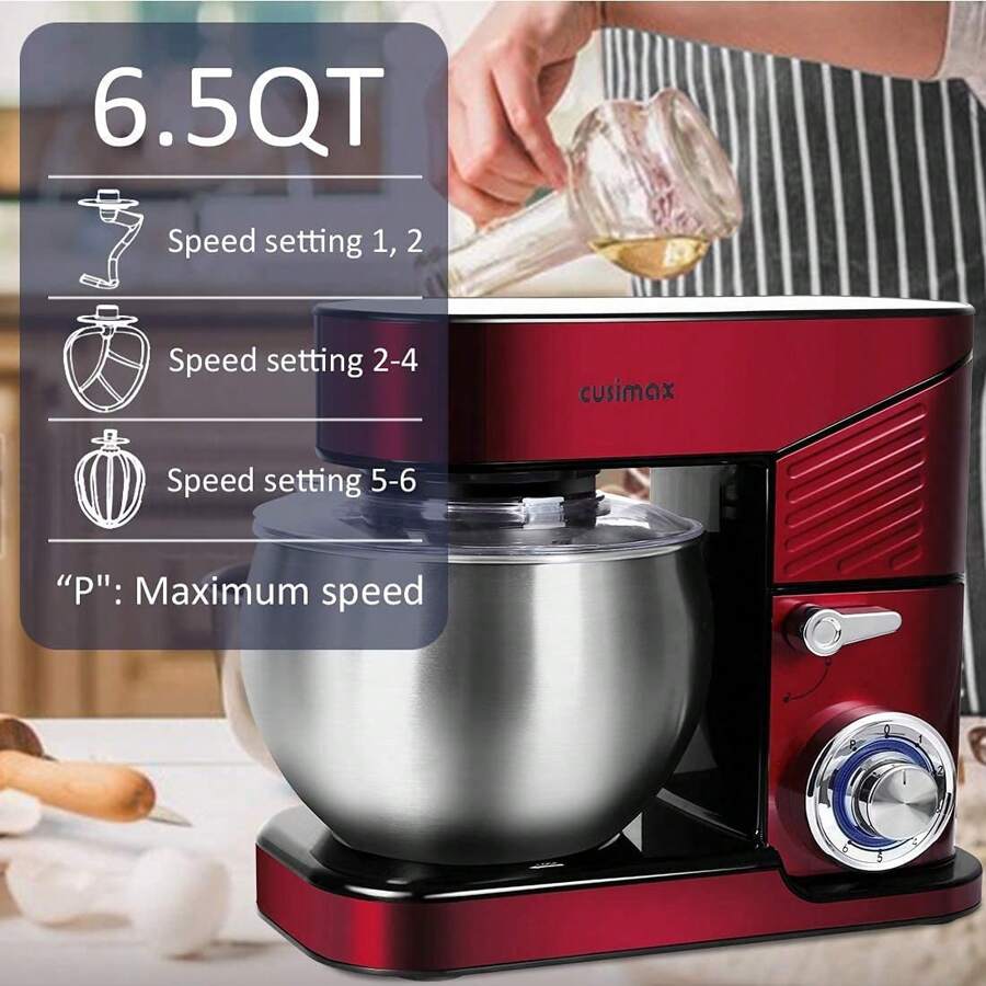 Cusimax 6.5QT Stainless Steel Stand Mixer 6Speeds TiltHead Dough