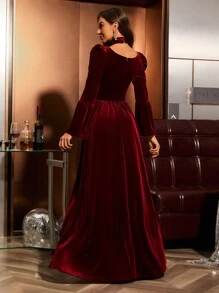 女士新年派对礼服，V 领泡泡袖喇叭袖高领天鹅绒全长优雅礼服 - 酒紅色 - 查看 2