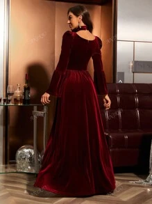 Vestido de fiesta de Año Nuevo para mujer, vestido formal elegante de longitud completa en terciopelo con cuello de tortuga, mangas abullonadas y mangas acampanadas