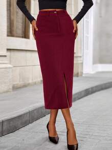 Women's Autumn Mid-Long Pencil Skirt Elegant Casual High-Waisted Fashion Winter Corduroy Slit A-Line Skirt - 酒紅色 - 查看 3