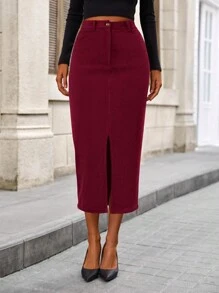 Women's Autumn Mid-Long Pencil Skirt Elegant Casual High-Waisted Fashion Winter Corduroy Slit A-Line Skirt - 酒紅色 - 查看 6