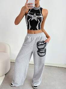 街头时尚复古黑灰色唇印设计女士宽松舒适灰色印花阔腿裤运动裤 - 灰色 - 查看 7