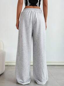 街头时尚复古黑灰色唇印设计女士宽松舒适灰色印花阔腿裤运动裤 - 灰色 - 查看 5