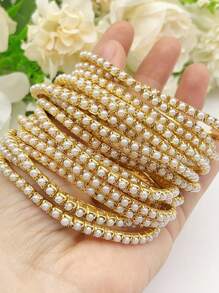 1 set/Múltiple Pulsera de tenis con banda elástica y perlas falsas, color dorado 3MM