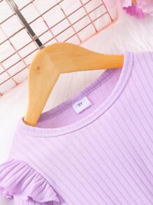 Girls' Long Sleeve Purple Round Neck Ribbed Ruffle Heart Mesh Overlay Dress, Suitable For Birthday Party - Purple - View 3