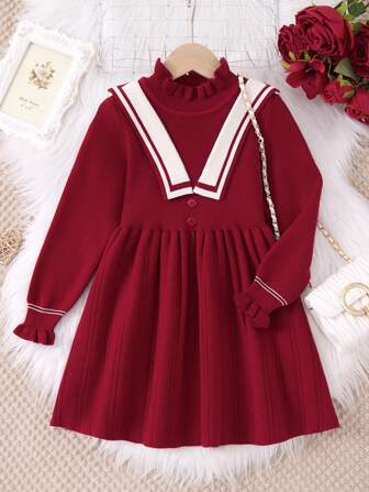 1 件年轻女孩中国风 V 领针织连衣裙，休闲蝴蝶结串珠荷叶边饰边，酒红色，秋季