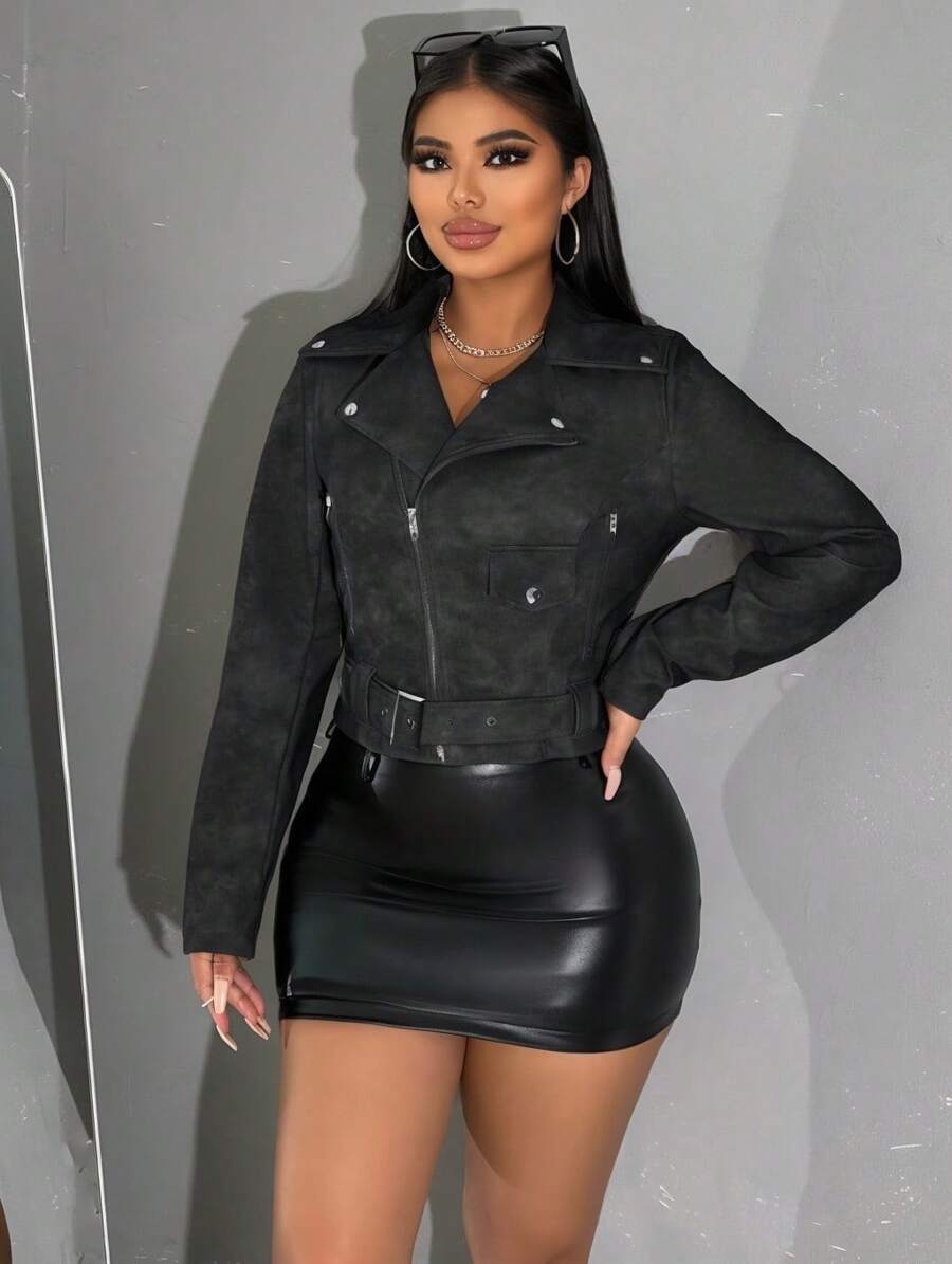 2024 New Short Leather Vests Long Sleeve Zipper Belted Slim Fit PU Leather Top Outdoor Motorcycle Biker Jacket Coat - 黑色 - 查看 1