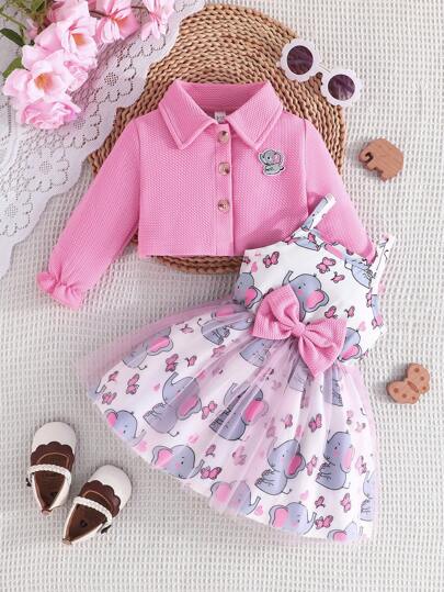 2 件套女婴套装：荷叶边长袖夹克，带有可爱的大象刺绣和大象印花网眼连衣裙，时尚