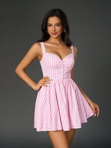 PARTHEA V-Neck Lace Spliced Button Placket Trim Smocking Ruched Bodycon Plaid Cami Dress - Pink - View 5