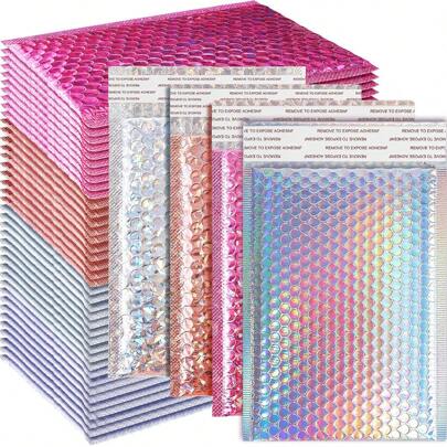 12 قطعة 6 9.5 بوصة ملصقات هولوغرامية مبطنة معدنية مغلفات لاصقة مقاومة للماء أكياس شحن وسائد محشوة للبريد والشحن والتعبئة والأعمال الصغيرة، 3 ألوان عيد الحب