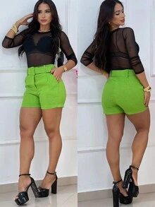 WOMEN'S TAILORED SHORTS WITH BELT - Lime Green - View 6