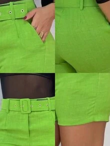 WOMEN'S TAILORED SHORTS WITH BELT - Lime Green - View 7