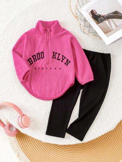 2 sztuki dziewczęcego haftowanego napisu z rozpinanym kołnierzykiem, luźnym topem i długimi spodniami, odpowiednie na jesień/zimę