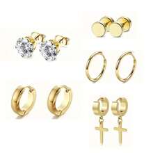 SENLANSP 5 Pairs Earrings For Men Black Silvery Golden Stainless Steel Earrings Set Stylish And Minimalist Jewelry For Daily Wear - Earrings - View 10