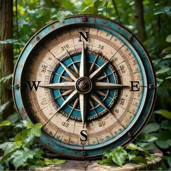 1个复古指南针8x8英寸圆形金属标牌 - 高清印刷，防刮擦、防紫外线，适用于家居、办公室和咖啡馆装饰 - 防水防锈，预钻孔位置随机
