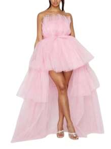 Womens High Low Tulle Dress, Strapless Solid Color Tiered Cocktail Party Dress Prom Gown - Pink - View 1
