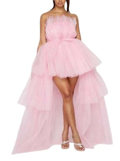 Womens High Low Tulle Dress, Strapless Solid Color Tiered Cocktail Party Dress Prom Gown