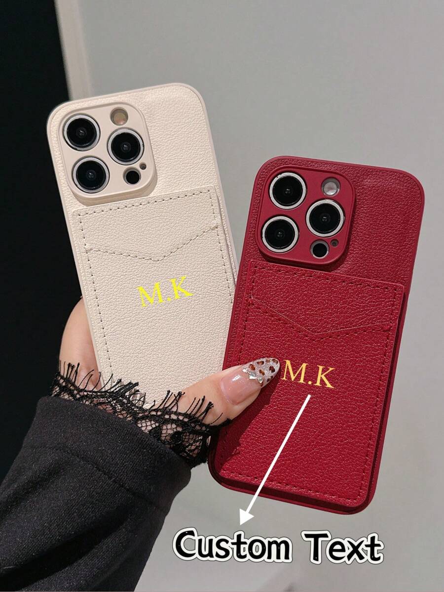 1pc Customized Korean Style Litchi Texture Card Holder Leather Phone Case, Personalized Letter Name, Solid Color Retro Premium Couple Phone Case