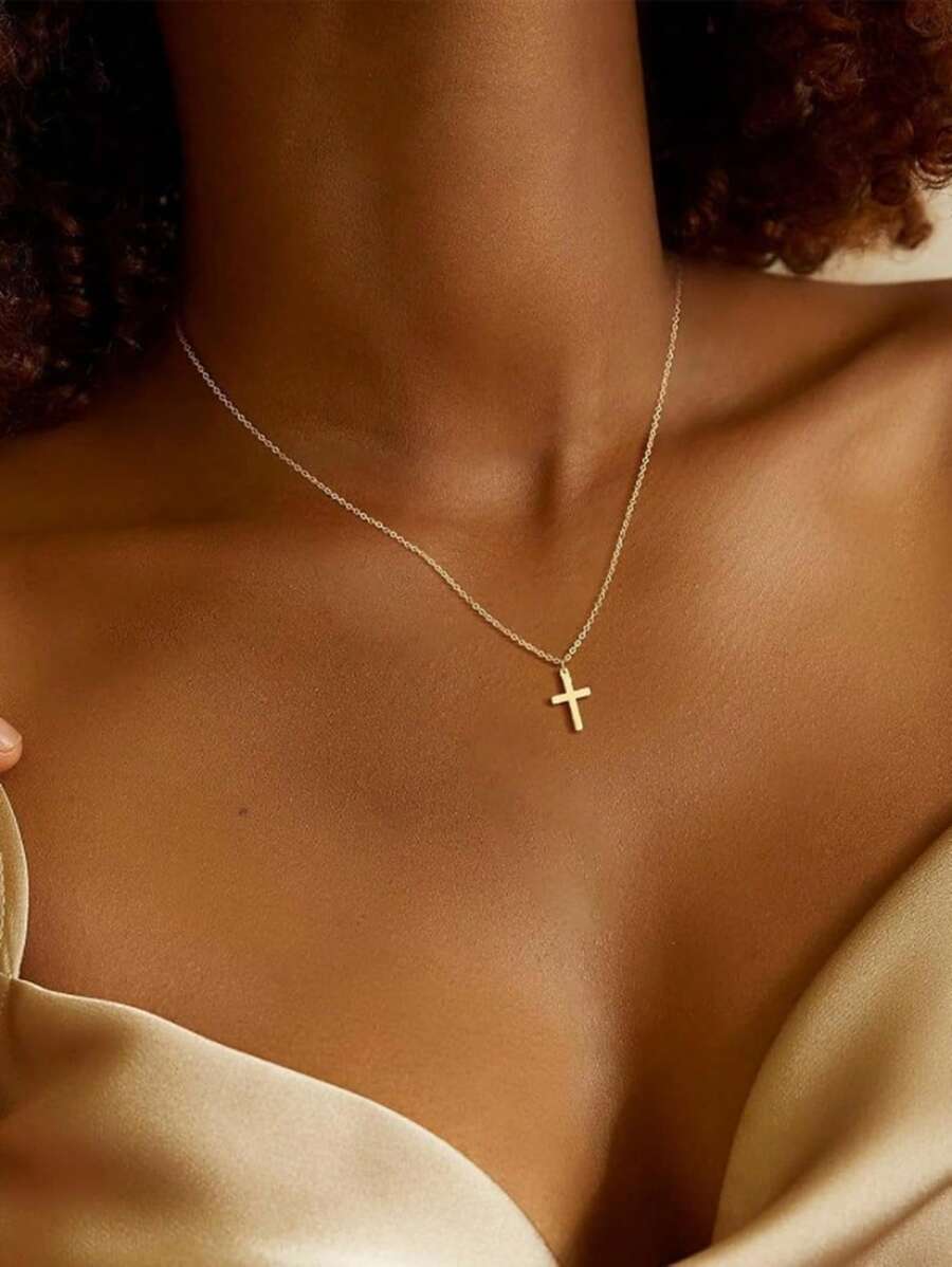 1 Stück exquisite, modische Kreuz-Anhänger Kette, 18 Karat vergoldet, religiöse Kette, geeignet für den täglichen Gebrauch von Frauen - Halskette - Übersicht 1